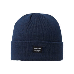 jack jones bonnet bleu uni en maille avec etiquette iconique sur l ourlet