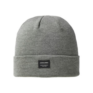 jack jones bonnet gris uni avec un revers large et une petite etiquette a l avant