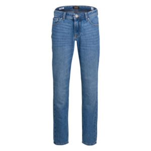 jack jones jean 5 poches clark bleu coupe regular fit avec surpiqures tabac et fermeture zippee et boutonnee