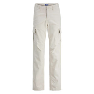 jack jones pantalon cargo beige uni en coton a coupe droite avec 6 poches et logo blanc