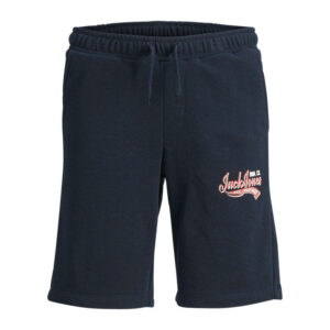 jack jones short jogging en coton melange marine avec logo imprime en rouge et blanc