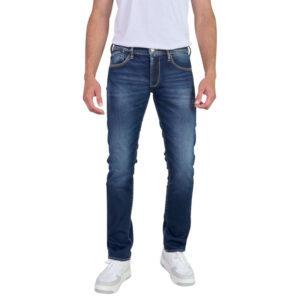 le temps des cerises jean en coton bleu indigo delave aux genoux avec une coupe slim fit