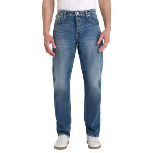 le temps des cerises jean en coton bleu uni avec une coupe droite et un zip de fermeture 2