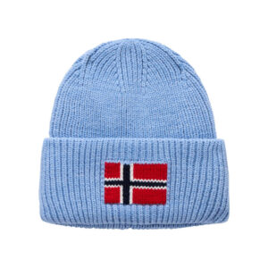 napapijri bonnet bleu clair en maille tricotee avec drapeau norvegien imprime