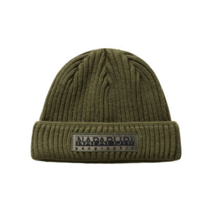 napapijri bonnet kaki en maille tricotee avec nom de la marque brode en noir