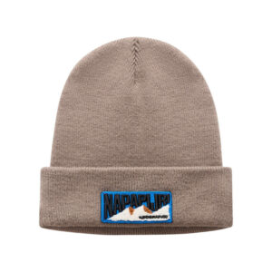 napapijri bonnet marron en maille fine avec patch iconique brode sur le revers