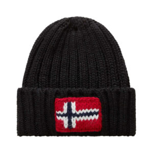 napapijri bonnet noir en maille cotelee avec drapeau norvegien et revers haut