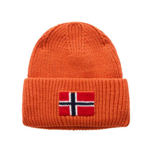 napapijri bonnet orange en maille tricotee avec drapeau norvegien imprime