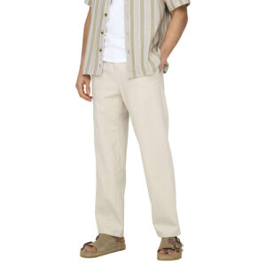 only sons pantalon jogging en coton et lin melange ecru uni avec une coupe droite