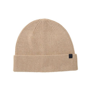 tom tailor bonnet beige uni en maille tricotee avec un logo en relief brode