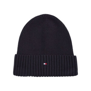 tommy hilfiger bonnet en coton bleu marine en maille cotelee avec logo iconique brode
