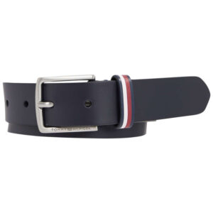 tommy hilfiger ceinture en cuir marine unie avec nom de la marque grave sur la boucle