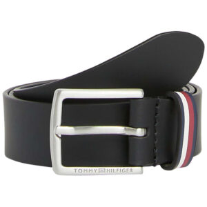 tommy hilfiger ceinture en cuir noire unie avec boucle argentee avec nom de la marque