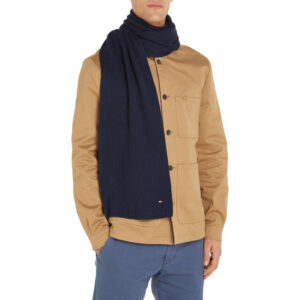 tommy hilfiger echarpe en coton marine unie et cotelee avec une coupe longue et un logo brode