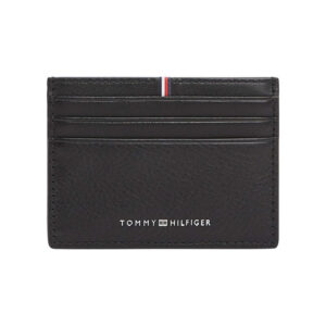 tommy hilfiger porte cartes en cuir noir aspect graine pourvu du nom de la marque