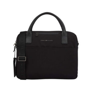 tommy hilfiger sac porte documents noir uni avec nom iconique a l avant et fermeture zippee