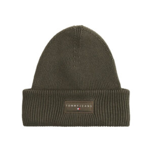tommy jeans bonnet en coton kaki uni en bord cote avec un tour de tete elastique
