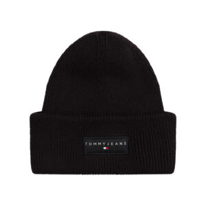 tommy jeans bonnet en coton noir uni en bord cote avec un tour de tete elastique