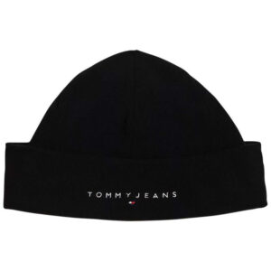 tommy jeans bonnet en coton noir uni en polaire avec nom de la marque sur l avant