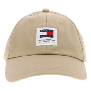 tommy jeans casquette en coton beige unie avec le logo iconique et une fermeture strapback