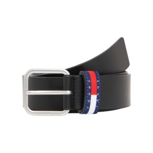 tommy jeans ceinture en cuir de buffle noire unie avec une boucle carree argentee