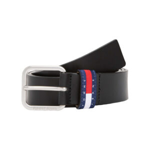 tommy jeans ceinture en cuir lisse noire unie a boucle carree argentee et a passant logo