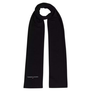 tommy jeans echarpe en coton noire unie avec nom et logo de la marque a l extremite