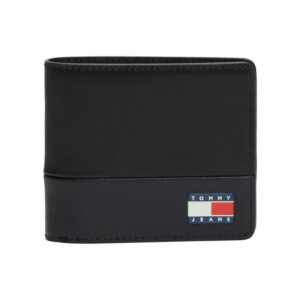 tommy jeans portefeuille noir uni avec revetement en grains et logo cousu