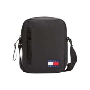 tommy jeans sacoche noire unie avec un patch d authenticite a l avant et un zip