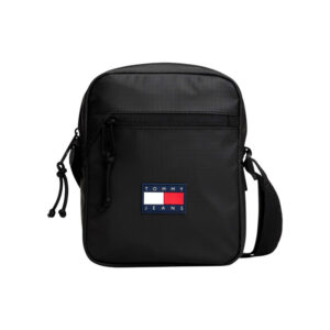 tommy jeans sacoche noire unie avec une bandouliere ajustable et etiquette cousue