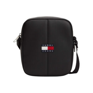 tommy jeans sacoche noire unie avec une bandouliere ajustable et un revetement en grains